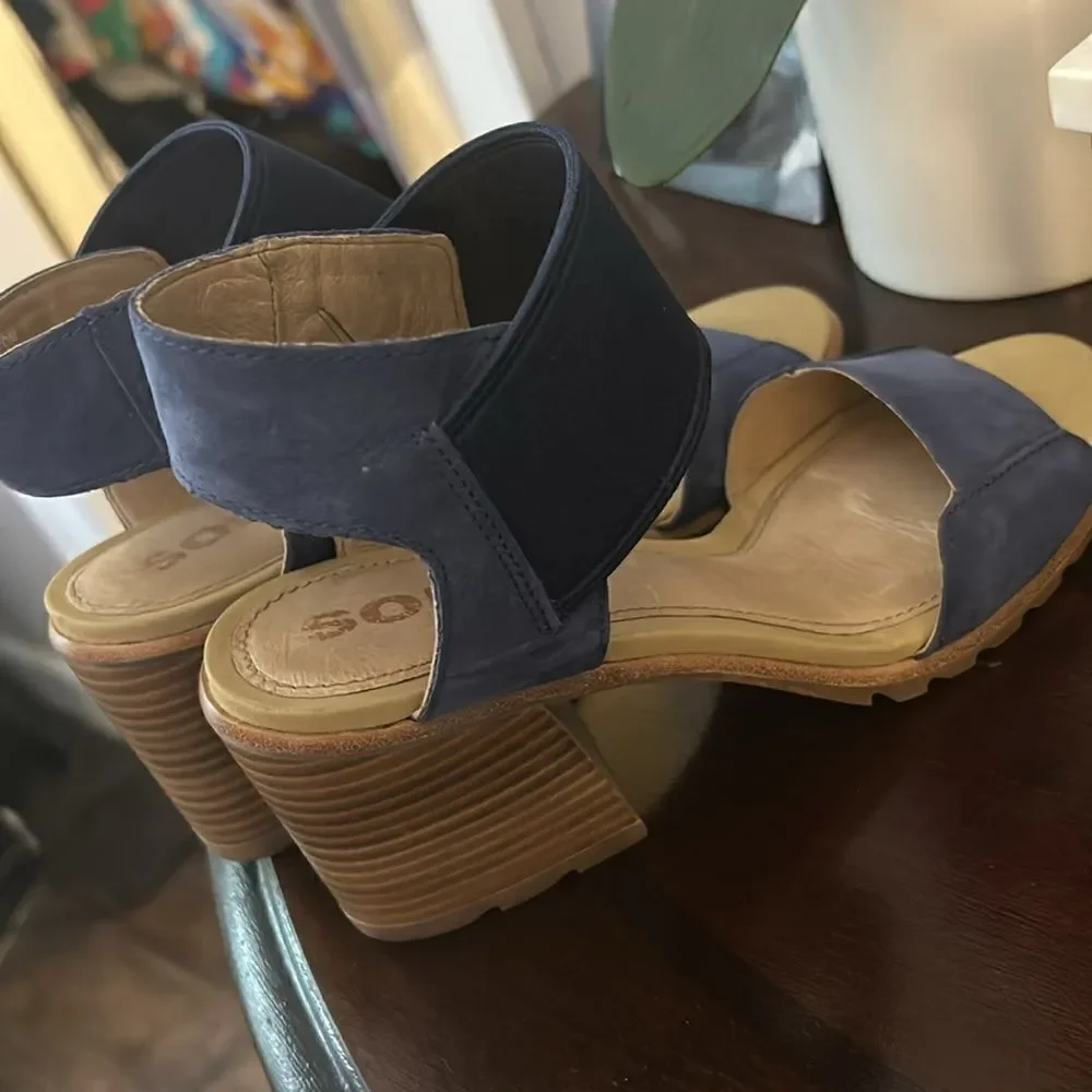 Sorel women summer blue sandals low heel slip on shoe designer pumps denim look - Picture 6 of 7